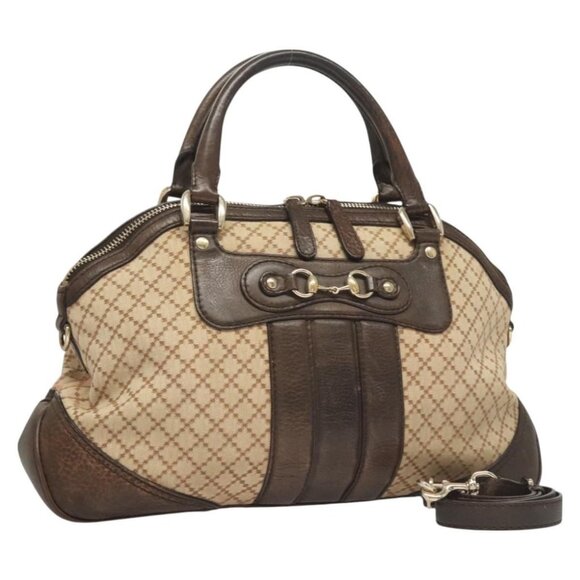 GUCCI Diamante Horsebit Hand Bag Canvas 2way Gold Beige Auth - Picture 1 of 16